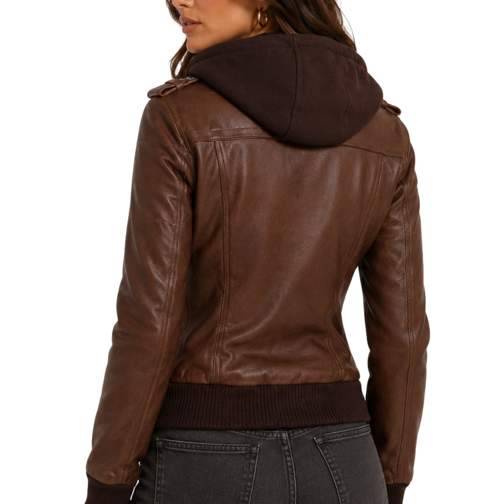 Women's Brown Removable Hood Bomber Leather Jacket