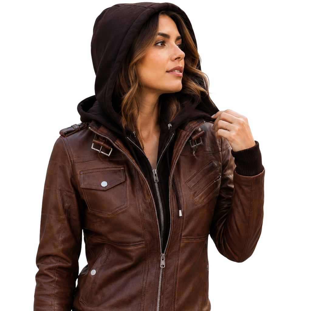 Women's Brown Removable Hood Bomber Leather Jacket