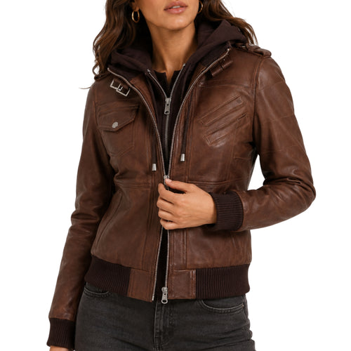 Women's Brown Removable Hood Bomber Leather Jacket