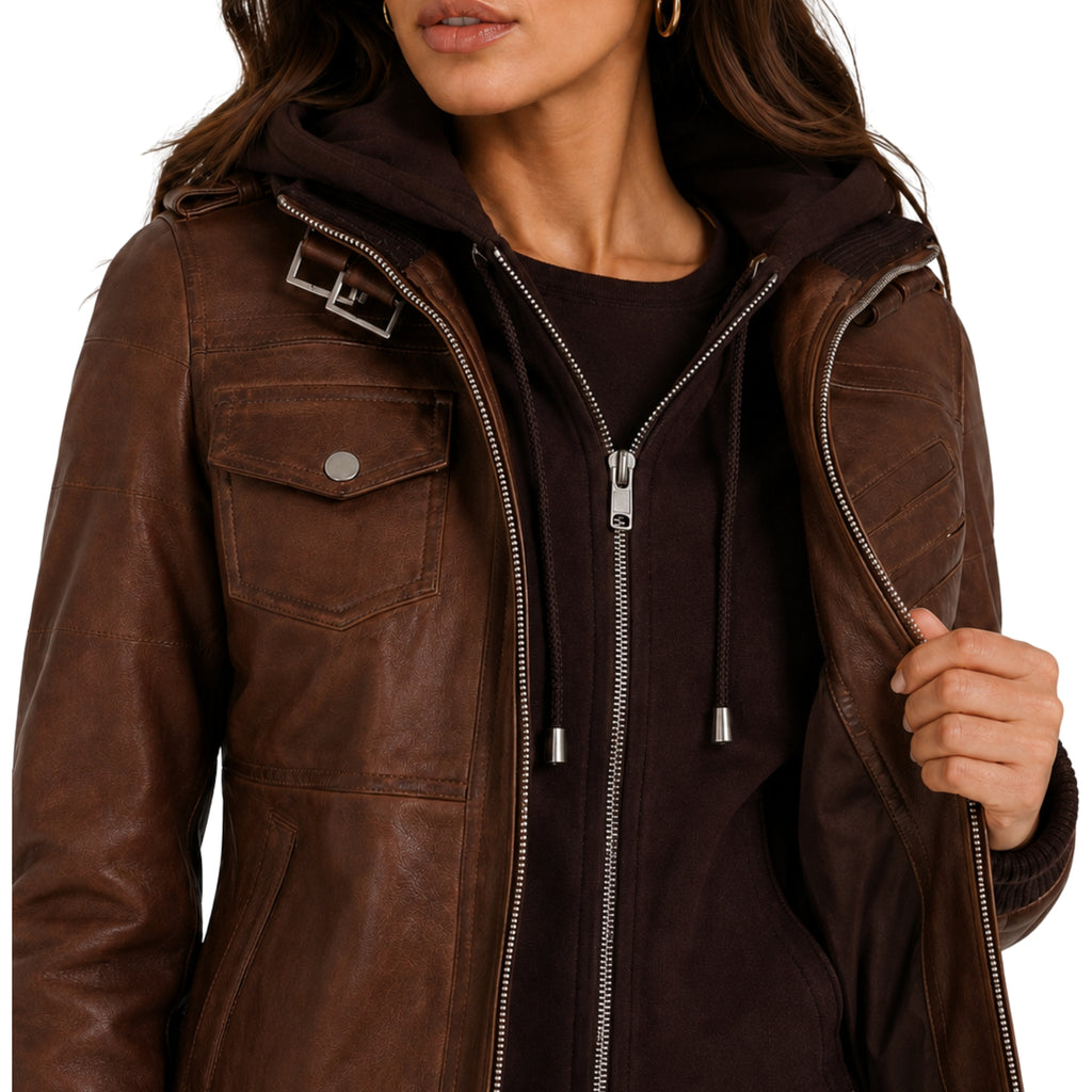 Women's Brown Removable Hood Bomber Leather Jacket