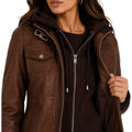 Women's Brown Removable Hood Bomber Leather Jacket