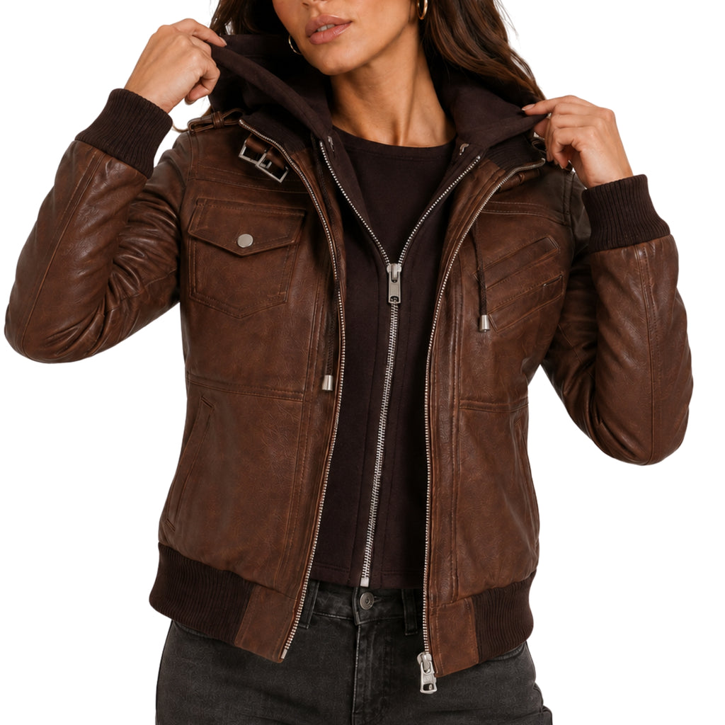 Women's Brown Removable Hood Bomber Leather Jacket