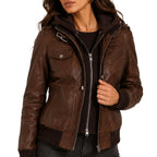 Women's Brown Removable Hood Bomber Leather Jacket