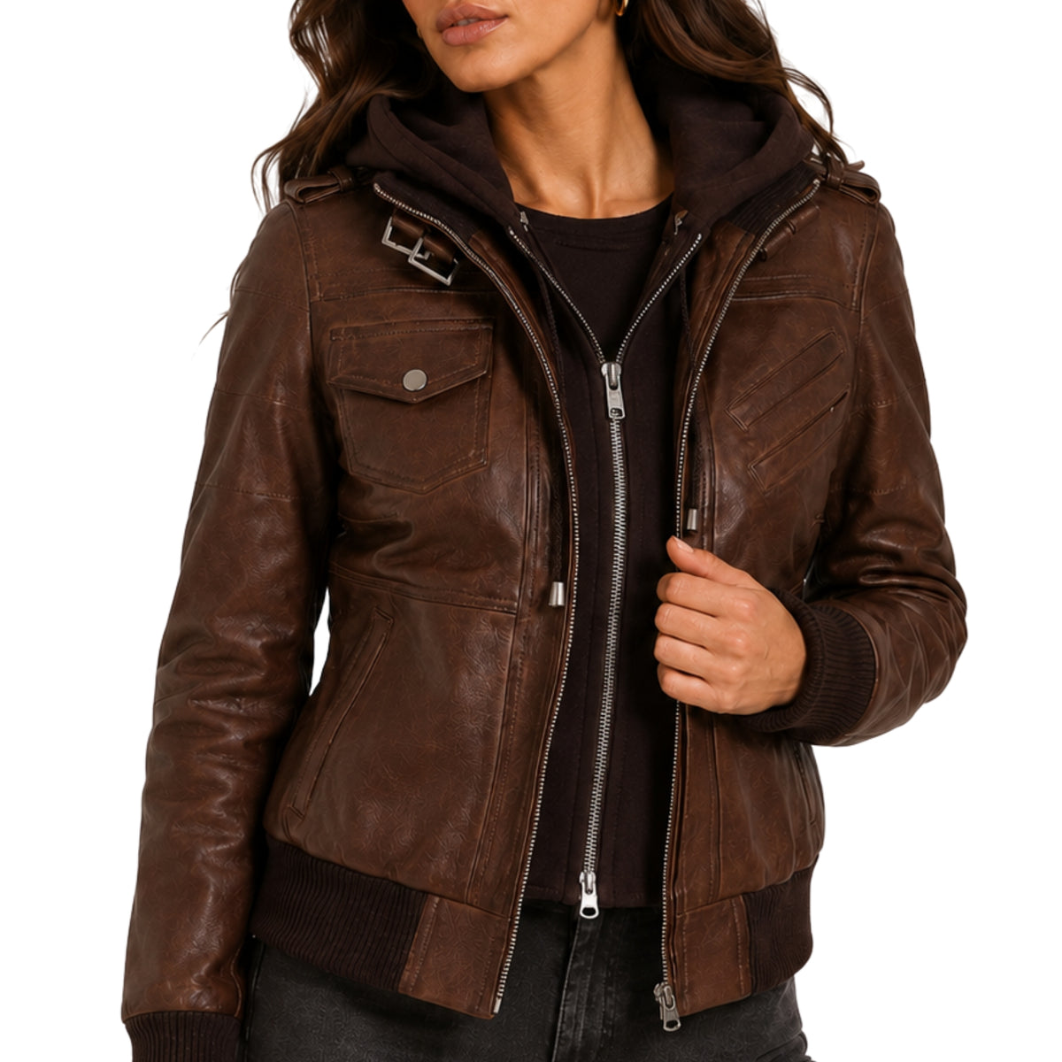 Women's Brown Removable Hood Bomber Leather Jacket