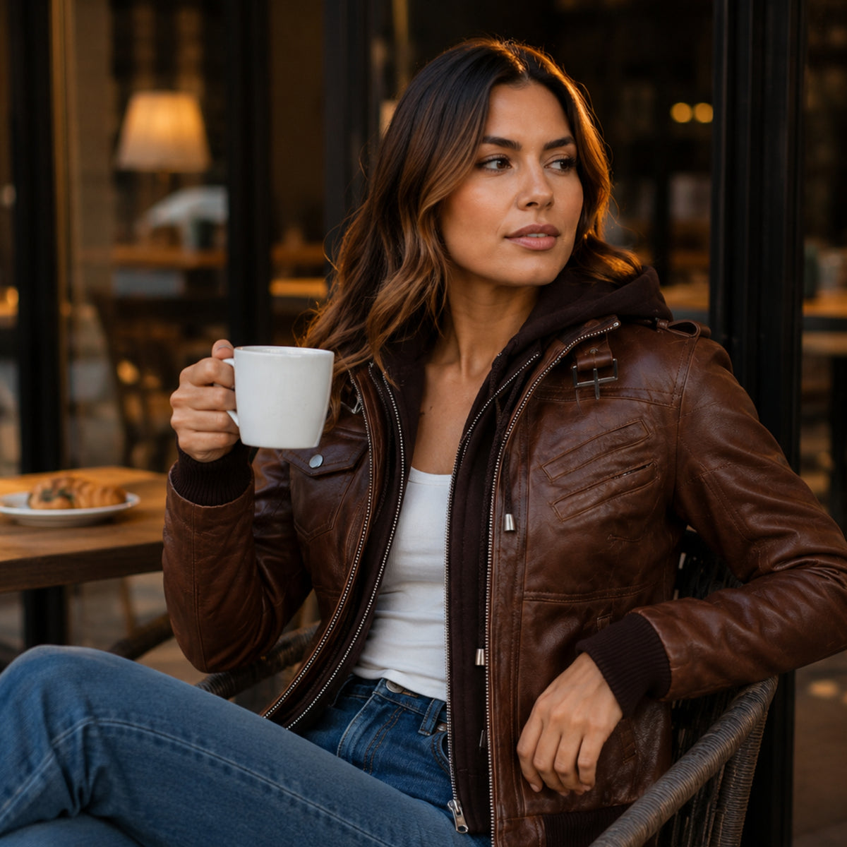 Women's Brown Removable Hood Bomber Leather Jacket