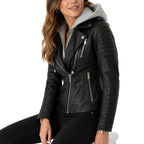 Women's Removable Hood Motorcycle Leather Jacket