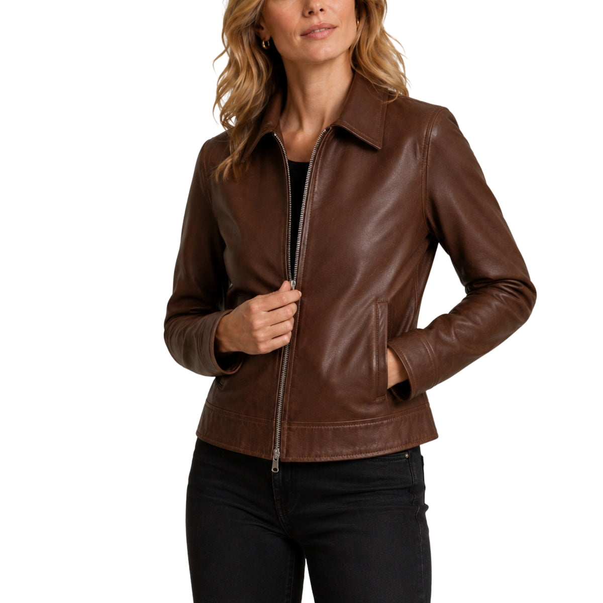 Women's Classic Zip Front Biker Leather Jacket