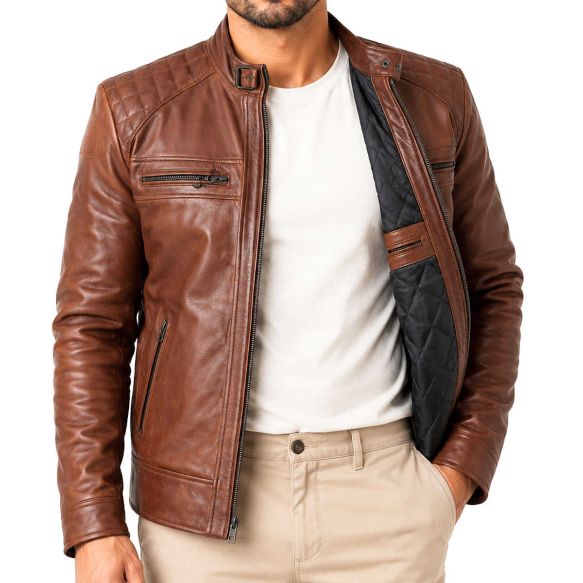 Men's Quilted Shoulder Cafe Racer Jacket