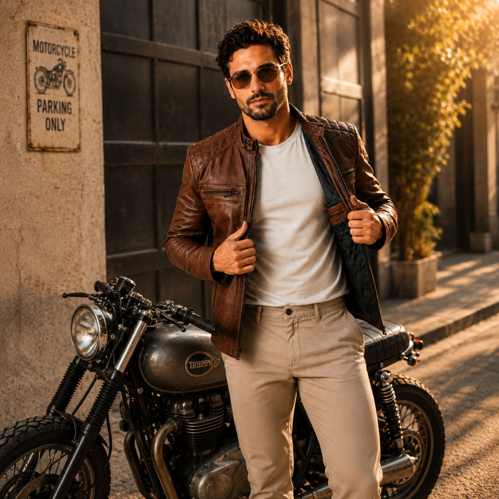 Men's Quilted Shoulder Cafe Racer Jacket