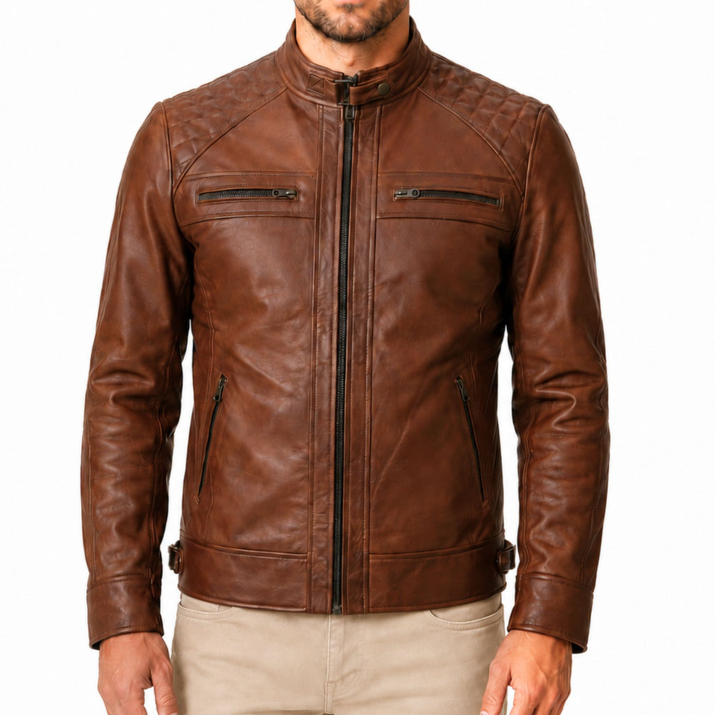 Men's Quilted Shoulder Cafe Racer Jacket