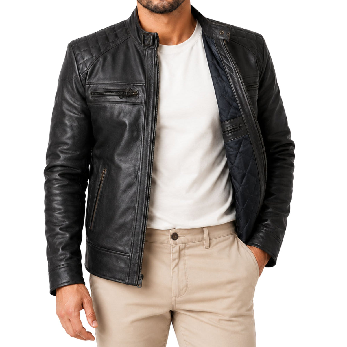 Men's Quilted Shoulder Cafe Racer Jacket