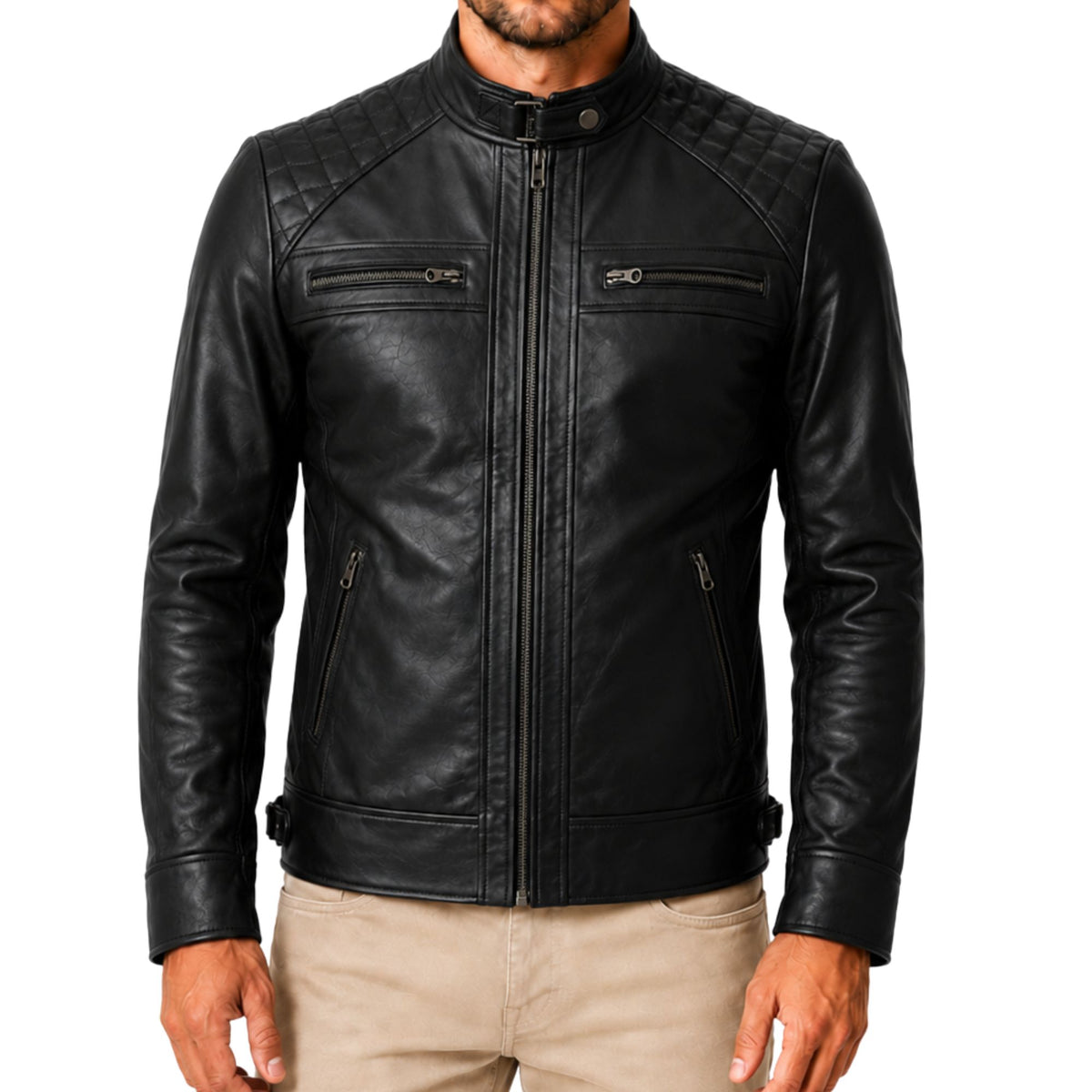 Men's Quilted Shoulder Cafe Racer Jacket