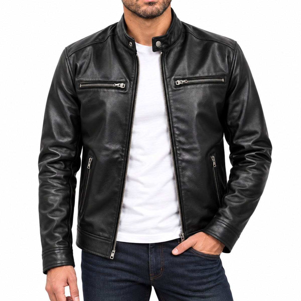 Man wearing the Pellicor black genuine sheepskin cafe racer leather jacket open over a white tee