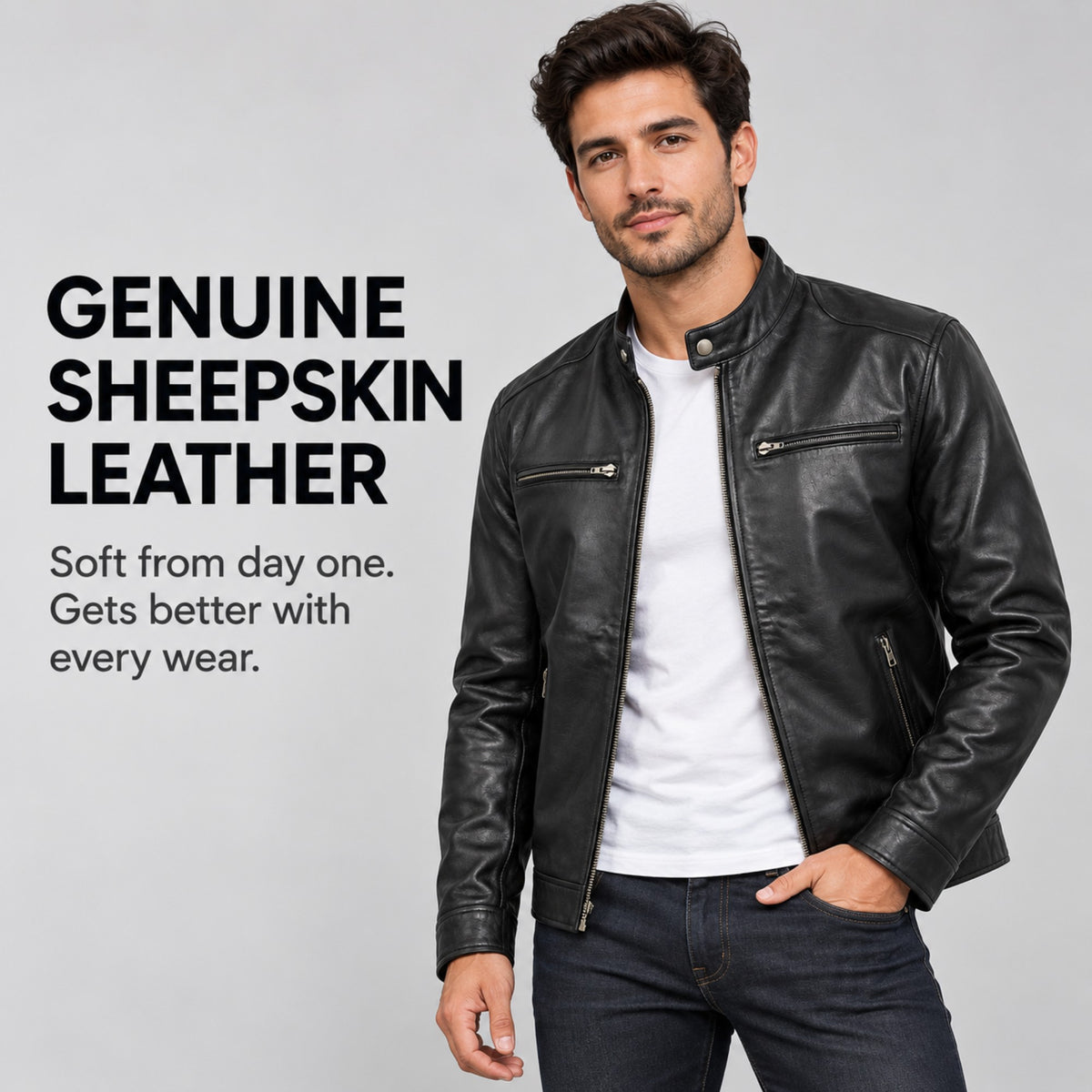 Genuine sheepskin leather cafe racer jacket on model, soft from day one