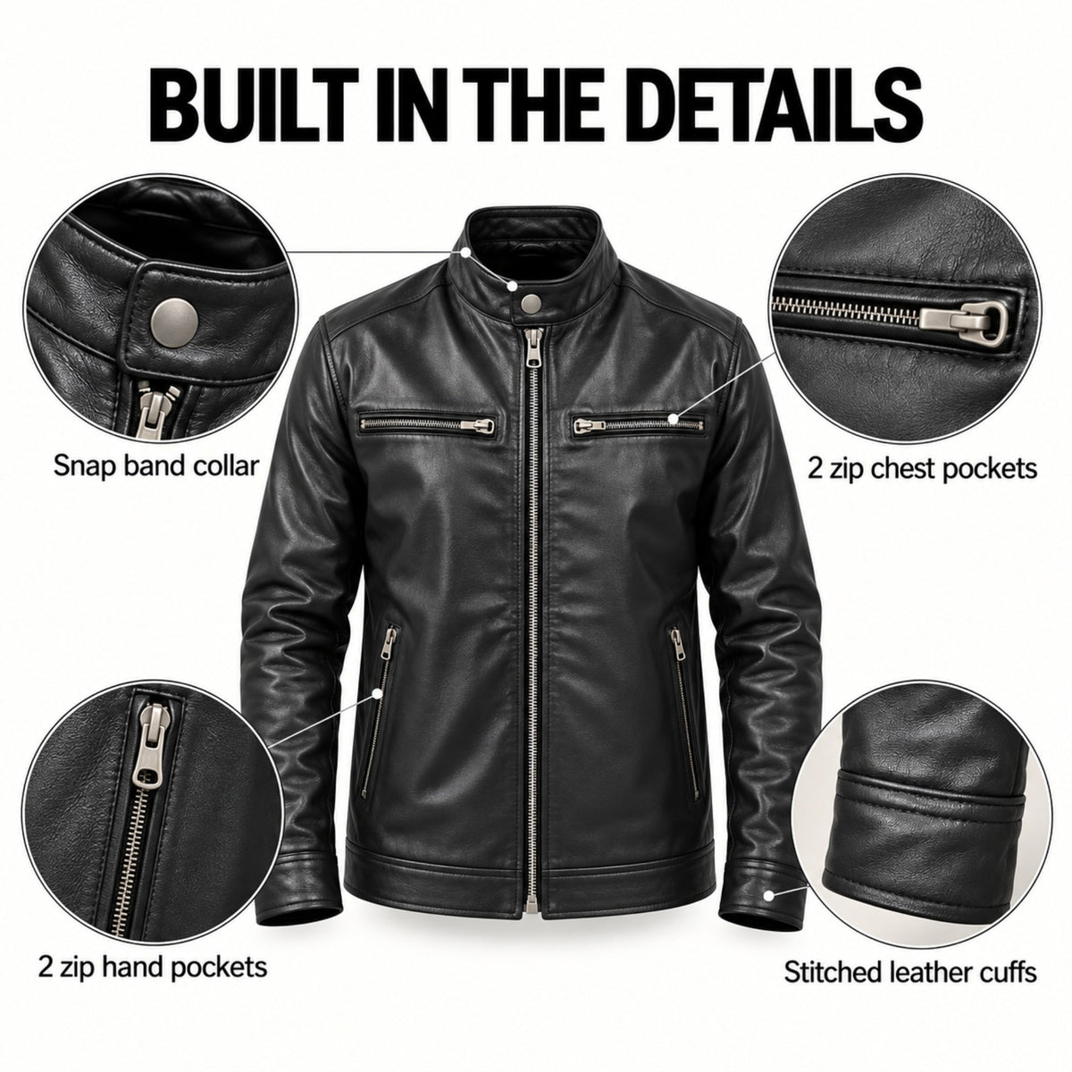 Jacket details: snap band collar, 2 zip chest pockets, 2 zip hand pockets, stitched leather cuffs