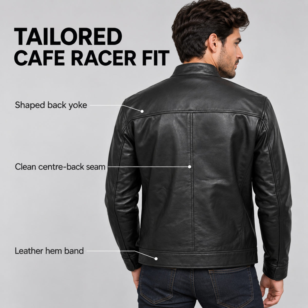 Back view of the tailored cafe racer fit with shaped back yoke
