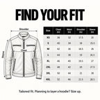 Size chart XS to 4XL with chest, waist, shoulder and sleeve in inches