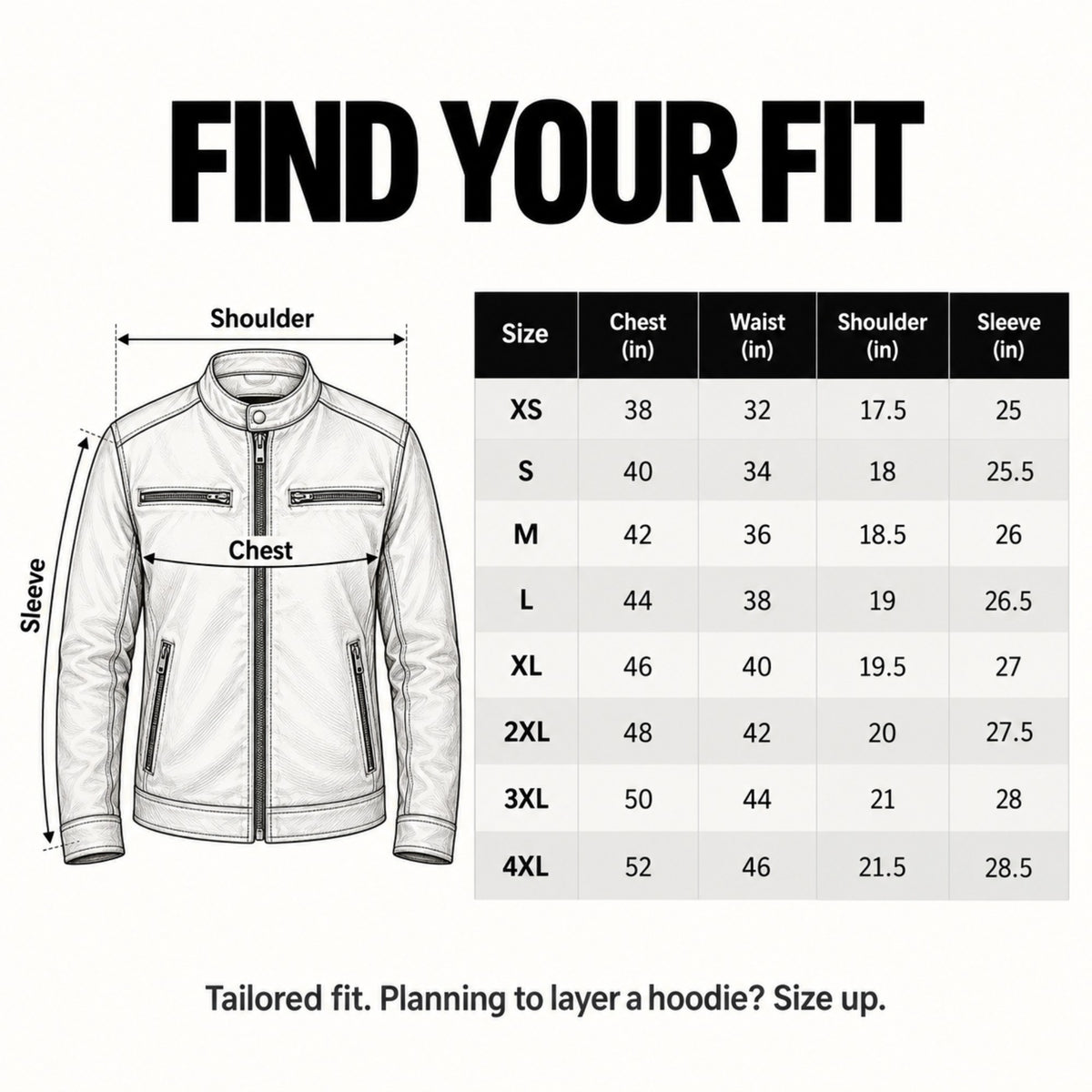 Size chart XS to 4XL with chest, waist, shoulder and sleeve in inches