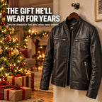 Leather jacket hanging by a Christmas tree, the gift he will wear for years